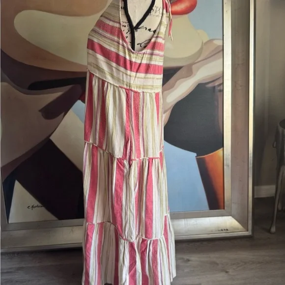 Faherty Lanai linen striped tier boho maxi dress with pockets medium - Picture 5 of 7